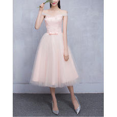Simple Off-the-shoulder Knee Length Pleated Tulle Bridesmaid Dresses with Satin Waistband