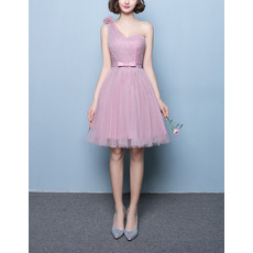 Inexpensive A-Line One Shoulder Short Tulle Pleated Bridesmaid Dresses with Satin Waistband