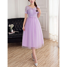 Discount A-Line Tea Length Lace Tulle Bridesmaid Dresses with Short Sleeves