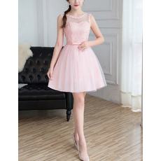 Simple Petite Illusion Neckline Sleeveless Mini/ Short Lace Tulle Bridesmaid Dresses