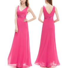 Simple Discount Double V-Neck Sleeveless Long Chiffon Bridesmaid Dresses with Ruched Waist