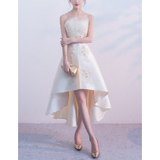 Charming Strapless Asymmetric High-Low Hem Satin Cocktail Party Dresses with Beaded Appliques and Organza Details