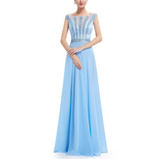 Dramatic Bateau Neckline Chiffon Prom Evening Dresses with Lace Bodice and Beading Detail
