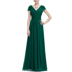 Elegant V-Neck Pleated Chiffon Evening Dresses with Cap Sleeves