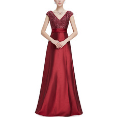 Modern V-Neck Floor Length Sequined Bodice Evening Dresses with Cap Sleeves