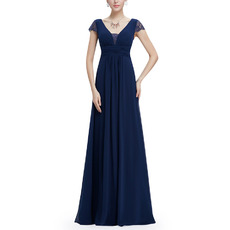 Affordable V-Neck Chiffon Evening Dresses with Cap Sleeves and Slight Pleated Detail