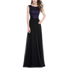 Inexpensive Sleeveless Floor Length Chiffon Evening Dresses with Lace Bodice