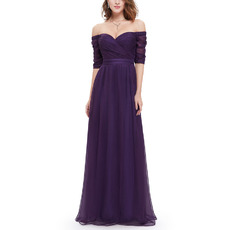 Simple Elegant Sweetheart Long Purple Tulle Ruched Evening Party Dress with Half Sleeves