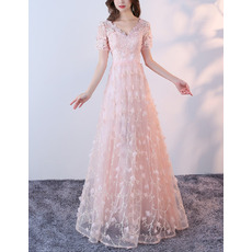 Charming Romantic V-Neck Full Length Lace Evening Dresses with Short Sleeves