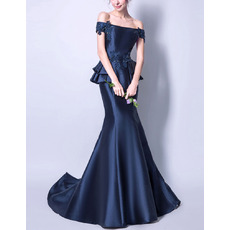 Stylish Appliques Off-the-shoulder Satin Prom Evening Dresses with Peplum