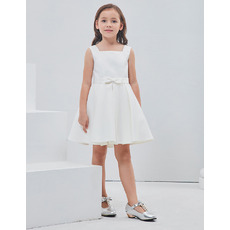 Cute Simple A-Line Square Sleeveless Short Satin Flower Girl Dresses with Bows