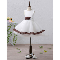 Inexpensive Simple A-Line Short Satin Flower Girl Dresses with Belts and Handmade Flowers