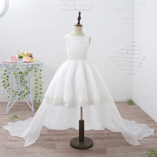 Classy Perfect Ball Gown Beaded Neck Organza Short Flower Girl Dresses with Detachable Train and Appliques