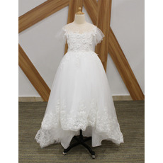 Perfect Kids Princess Illusion Neckline High-Low Appliques Tulle Flower Girl/ Communion Dresses with Short Sleeves