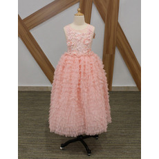 Pretty Tea Length Ruffle Skirt Pink Flower Girl Dresses with Beaded Lace Appliques