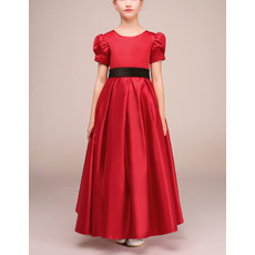 Classic Ankle Length Pleated Satin Little Girls Holiday Dress with Short Puff Sleeves and Sash