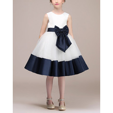 Simple A-Line Knee Length Satin Tulle Two Tone Flower Girl Dresses with Belts