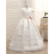 Discount Full Length Satin Flower Girl Dresses with Cap Sleeves and Bow/ First Communion Dresses