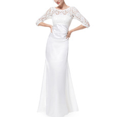 Custom Elegant Floor Length Asymmetrical Pleated Satin Mother Gowns for Wedding Party with 3/4 Long Lace Sleeves