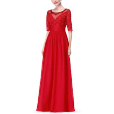 Fashionable Beaded Round Neck Pleated Chiffon Mother Dresses for Wedding Party with Half Sleeves