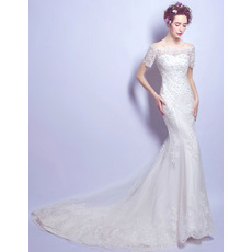 Shimmering Beaded Appliques Off-the-shoulder Wedding Dresses with Short Sleeves