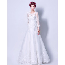 Elegantly Beaded Appliques Full Length Tulle Wedding Dress with 3/4 Long Sleeves