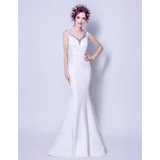 Sexy Mermaid Beaded V-Neck Satin Wedding Dresses with Low Illusion Back