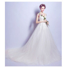 Affordable Lace Appliques Tulle Over Satin Wedding Dresses with Illusion Back