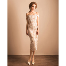 Ultra-feminine Sheath Off-the-shoulder Tea Length Lace Wedding Dresses with Split Back