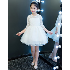 Pretty A-Line Round Neck Short Organza Lace White Flower Girl Dresses with 3/4 Length Sleeves