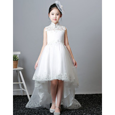 Fashionable A-Line Mandarin Collar Sleeveless High-Low Asymmetrical Hem Satin Tulle Flower Girl Dresses with Beaded Appliques