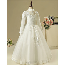 Fashionable Mandarin Collar Long Length Appliques Tulle Flower Girl Dresses with Long Sleeves/ Pretty Open Back First Communion 