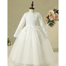 Adorable Classic Floor Length Lace Tulle Flower Girl Dresses with Long Sleeves/ First Communion Dresses