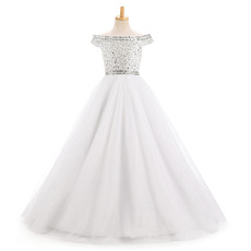 Luxury A-Line Off-the-shoulder Full Length White Flower Girl Dresses with Beaded Rhinestone Detailing