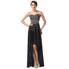 Gorgeous Crystal Embellished High-Low Chiffon Black Evening Party Dresses