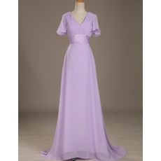 Affordable Flowing V-Neck Full Length Ruched Bodice Chiffon Mother Dress with Short Flutter Sleeves