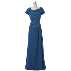 Elegant Round Neck Full Length Applique Beaded Chiffon Mother Dress with Short Cap Sleeves