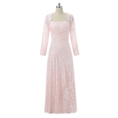 Elegant Square Neck Full Length Asymmetrical Pleated Lace Mother Dresses with Long Sleeves