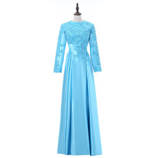 Vintage Beaded Appliques Bateau Neck Full Length Satin Mother Dresses with Long Sleeves