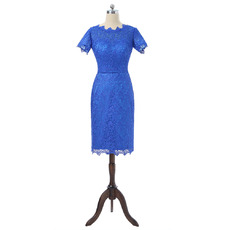 Tailored Inexpensive Column Knee Length Lace Satin Mother Dresses with Short Sleeves