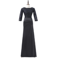 Discount Modest Long Lace Satin Black Mother Dresses with 3/4 Long Sleeves and Ruching