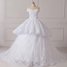 Delicate Ball Gown Off-the-shoulder Lace Wedding Dresses with Layered Draped High-Low Skirt