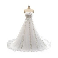 Luxury Beaded Appliques A-Line Sweetheart Tulle Wedding Dresses with Pleated Bust