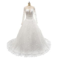 Tailored A-Line Illusion Neckline Lace Wedding Dresses with Long Sleeves