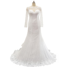 Elegantly Illusion Neckline Lace Wedding Dresses with Long Sleeves