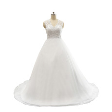 Custom V-Neck Floor Lenth Tulle Over Satin Wedding Dresses with Beaded Appliques Bodice