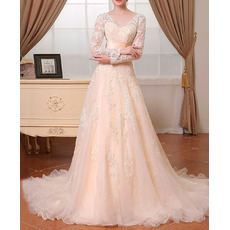 Court Train Beading Appliques Organza Wedding Dresses with Long Illusion Sleeves