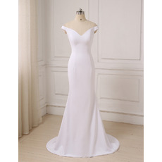 Simple Discount Sheath Off-the-shoulder V-Neck Satin Wedding Dresses