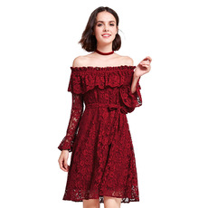 Charming Classy Ruffled Neckline Off-the-shoulder Lace Cocktail/ Holiday Dresses with Long Sleeves for women