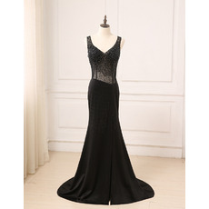 Shimmering Glamorous Beading V-Neck Full Length Evening Dresses with Dramatic Illusion Back